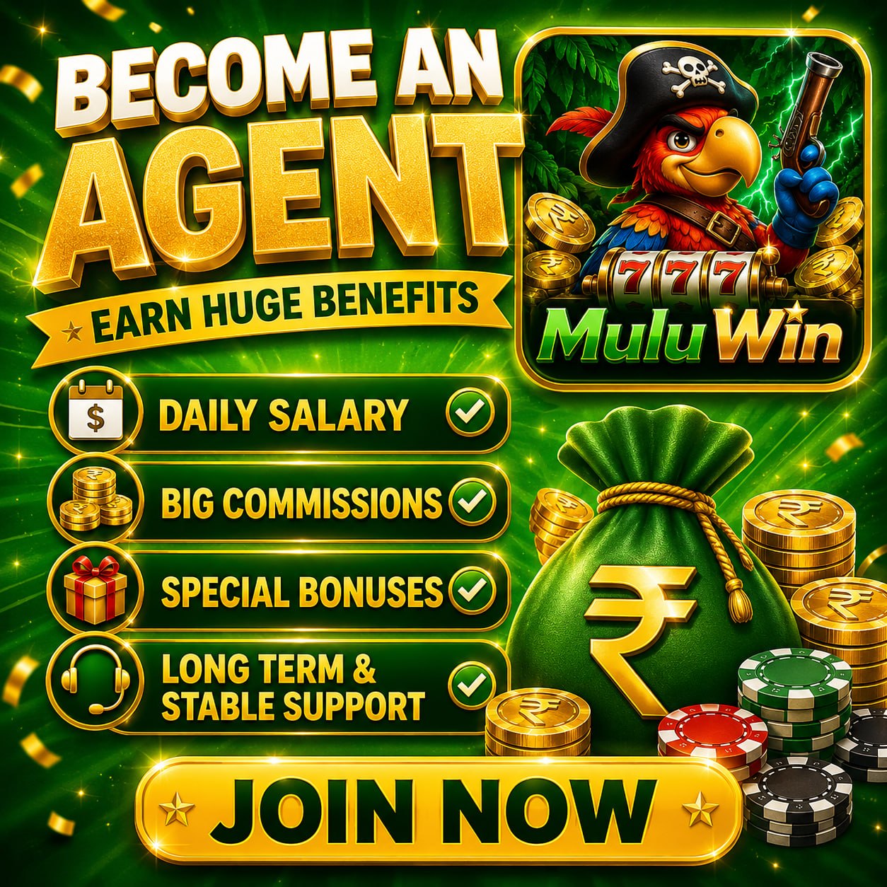 Mulu Win Agent earning opportunities with daily salary, commissions, bonuses and support